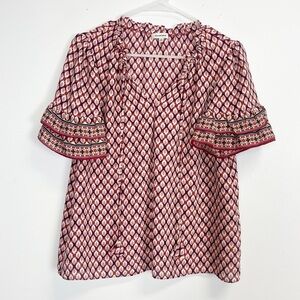 Max Studio Shirt Womens Size Small Red Multicolor Ruffle Sleeve Geometric
